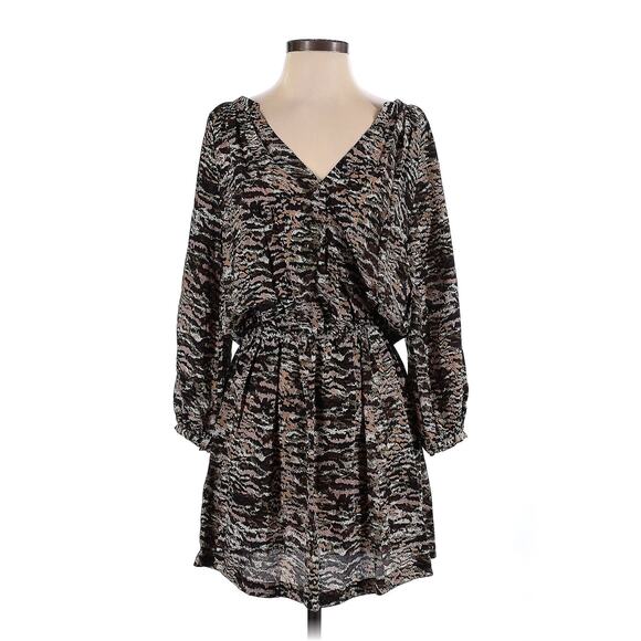 Joie Size S Casual Long Sleeve Faux Wrap V-Neck Brown Black Silk? Dress Small - Picture 1 of 4